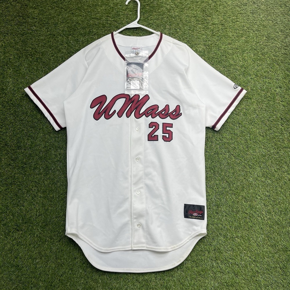VINTAGE UMass Baseball Jersey Mens Medium M White Rawlings Massachusetts